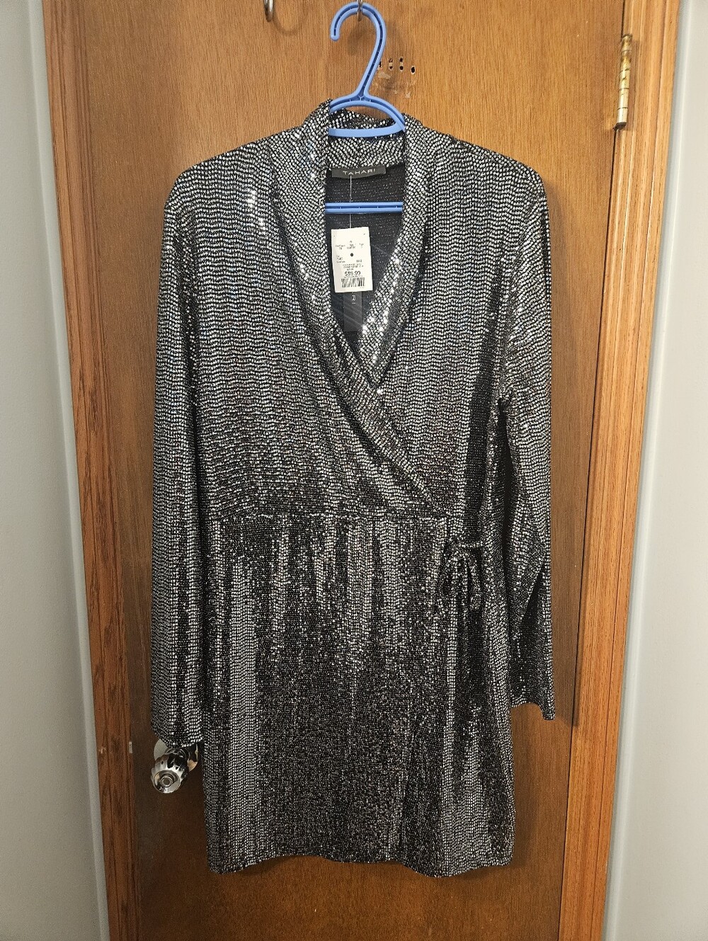 Silver Sequin Faux-Wrap Dress